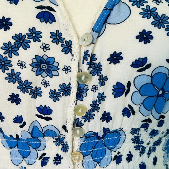 Blue & White Bold Floral Boho Summer Mini Dress (size S) - Picture 4 of 10